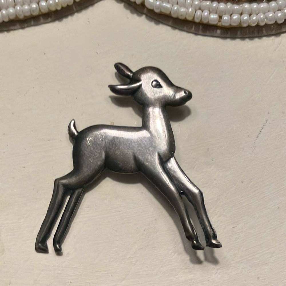 Sterling silver baby deer fawn vintage pin brooch jewelry fall winter statement